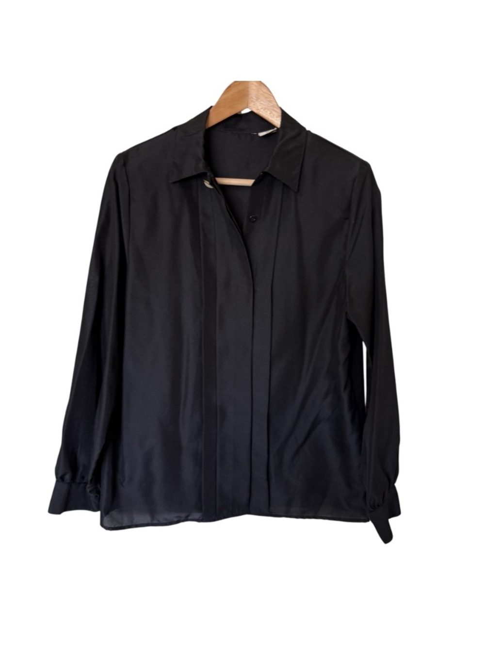 Black Pleated Collared Button Up Long Sleeve Blouse Top Women’s Size S Vintage